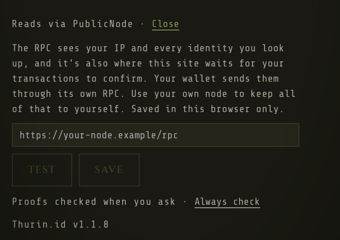 A dark-themed settings menu titled 'Reads via PublicNode' explains RPC usage for privacy, with an input field showing 'https://your-node.example/rpc' and buttons for 'TEST' and 'SAVE', signed off as 'Thurin.id v1.1.8'.