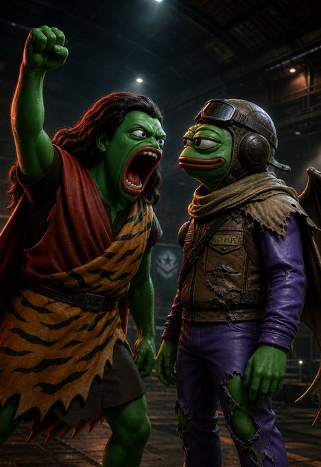Two stylized, 3D-rendered characters based on internet memes are shown: a muscular green figure resembling Shrek shouting, and a Pepe the Frog character wearing a flight helmet and a vest labeled "SGT PEPE." The image serves as a promotional reveal for new digital assets entering the "SGT. PEPE" metaverse.