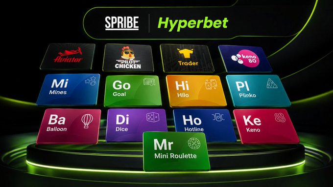 A promotional graphic for 'SPRIBE Hyperbet' displaying a colorful grid of game tiles including 'Aviator,' 'PILOT CHICKEN,' 'Trader,' 'Keno 80,' 'Mines,' 'Goal,' 'Hilo,' 'Plinko,' 'Balloon,' 'Dice,' 'Hotline,' 'Keno,' and 'Mini Roulette'.