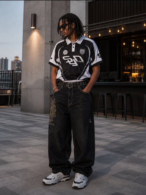 A stylish young man with dreadlocks wearing sunglasses, a black and white jersey with 'Syn' logo, baggy black jeans, and white sneakers, posing on a rooftop terrace.