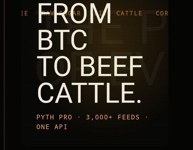 The image shows a black background with white text that reads "From BTC to beef cattle". Below this, there's a list of items for sale including cocoa, coffee, raw sugar, and live cattle futures. The text also mentions that these items are now available on @PythNetwork Pro.