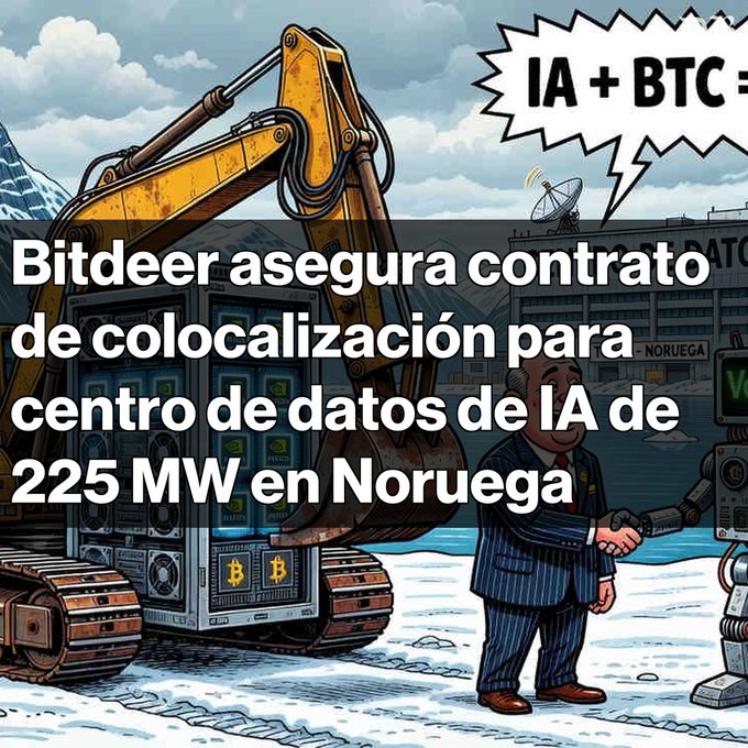 AI-generated cartoon illustration in Spanish about Bitdeer securing a colocation contract for a 225 MW AI data center in Norway, showing a businessman shaking hands with a robot near a Bitcoin-themed excavator.
