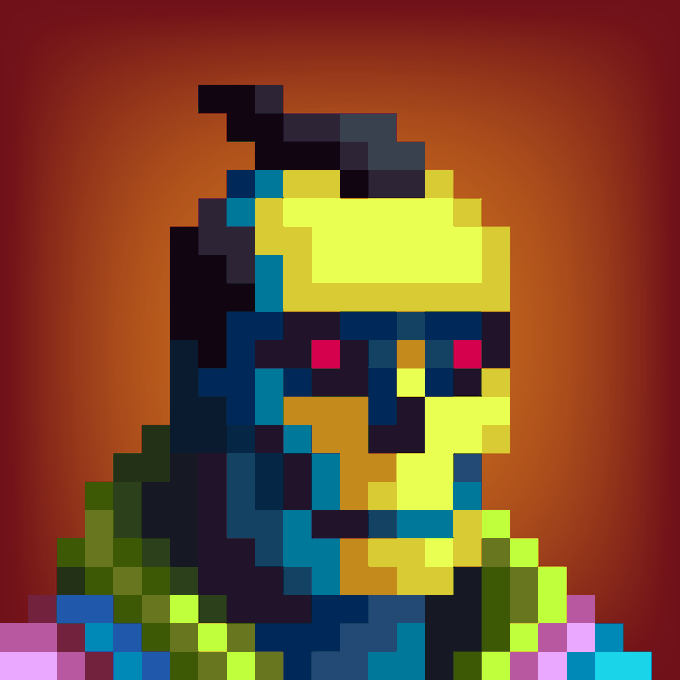 A pixel art portrait depicts a hooded character with glowing yellow skin and red eyes against a deep orange background.