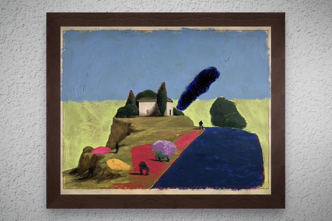 A framed painting depicting a surreal landscape with a cliffside building, dark smoke, a blue river, and small figures in a vibrant Van Gogh-like style.