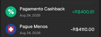A dark-themed transaction list showing a green 'Pagamento Cashback' entry of +R$400.61 and a blue 'Pague Menos' debit of -R$410.00, both dated Aug 24, 2026.