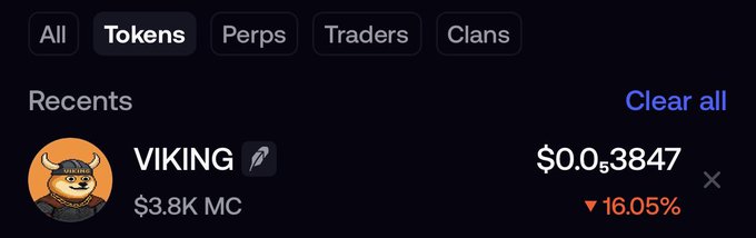 A cryptocurrency trading interface showing a 'Tokens' tab with a recent entry for 'VIKING' token priced at $0.0053847, down 16.05%, with a $3.8K market cap.