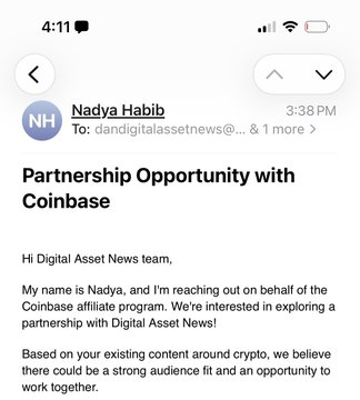 An email screenshot from Nadya Habib to Digital Asset News proposing a 'Partnership Opportunity with Coinbase' through the Coinbase affiliate program.