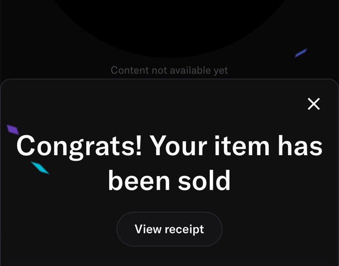 A dark-themed digital notification screen displays the message 'Congrats! Your item has been sold' with a 'View receipt' button, below faded text reading 'Content not available yet'.