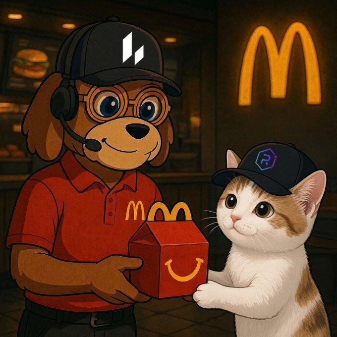 A cartoon dog in a red McDonald's uniform and headset hands a Happy Meal-style box to a calico cat wearing a cap with an "R" logo, with the McDonald's "M" visible in the background. The image humorously illustrates the post's point about Raydium (RAY) being underserved by perpetual futures offerings, playfully framing the cat as the project's mascot receiving its "meal" of a new perp listing on a major exchange.