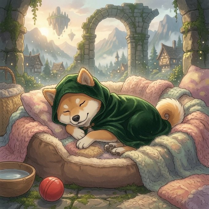 A content Shiba Inu wearing a green hooded cloak peacefully sleeps nestled in a cozy bed surrounded by soft pastel blankets, with a red ball and water bowl nearby. The serene scene, set against a magical backdrop of mountains, ancient ruins, and floating islands, perfectly captures the restful "goodnight" spirit of the post directed at the $HOOD community.