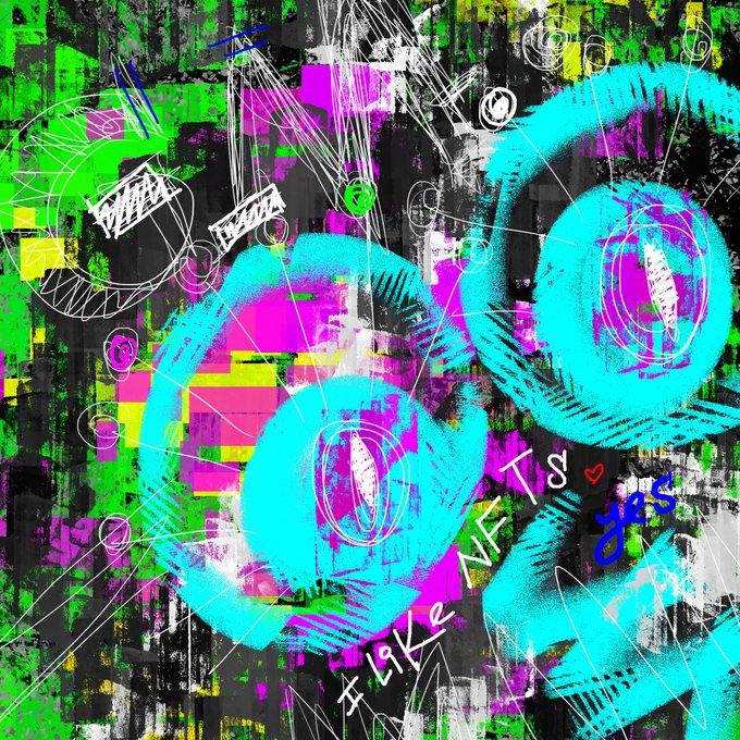 Abstract, vibrant digital artwork featuring bold cyan circular brush strokes over a textured background of magenta, neon green, and black, accented with white scribbles and partially visible text reading "LKe NF Ts" alongside a small red heart.
