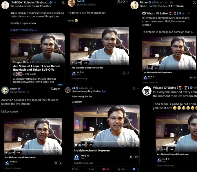 A collage of X.com posts reacting to the Arc chain token launch livestream, featuring comments from users like 'PARODY', 'Bob', 'Fishor', 'Green', and 'KR' criticizing the team's racist remarks.