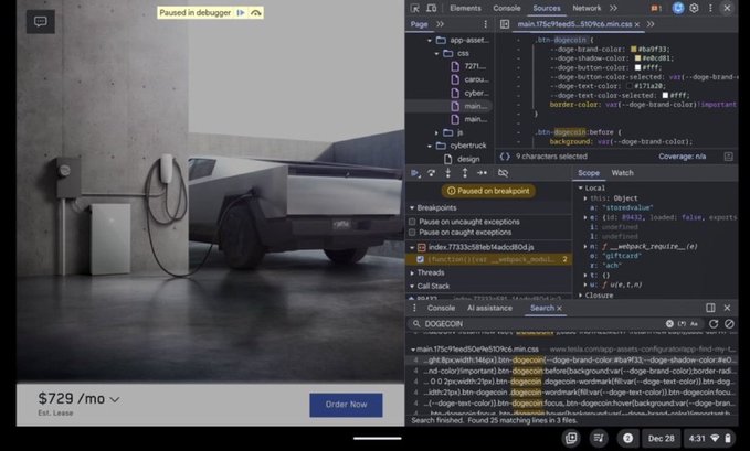 The image shows an advertisement for a car, specifically a Tesla Cybertruck, with a payment option hidden within its code. The text on the screen reads "The Cybertruck Order Now page is quietly hiding a Dogecoin payment option. To be honest, every where on the Tesla website where a payment can be made the option to pay in Dogecoin hides in the coding inactive just waiting to be turned on". This implies that there might be an advertisement for a cryptocurrency or a payment method related to the car being advertised.