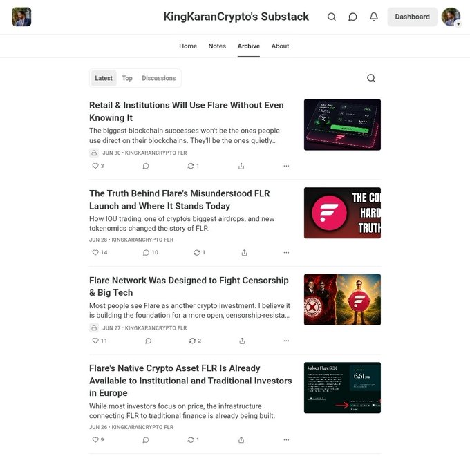 A screenshot of KingKaranCrypto's Substack Archive page displaying four articles focused on Flare (FLR), including "Retail & Institutions Will Use Flare Without Even Knowing It" (Jun 30), "The Truth Behind Flare's Misunderstood FLR Launch" (Jun 28, 14 likes), "Flare Network Was Designed to Fight Censorship & Big Tech" (Jun 27), and "Flare's Native Crypto Asset FLR Is Already Available to Institutional and Traditional Investors in Europe" (Jun 26), supporting the post's announcement of a comprehensive upcoming FLR price analysis article.