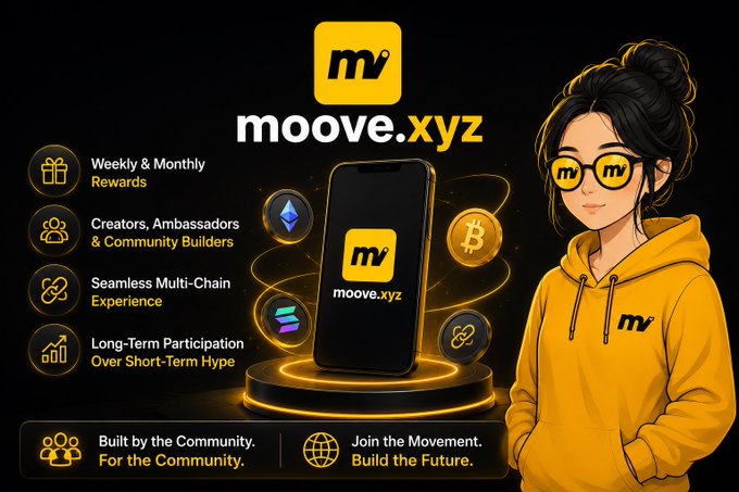 An advertisement for moove.xyz featuring an illustrated woman in a yellow hoodie beside a smartphone displaying the moove.xyz logo, highlighting features like 'Weekly & Monthly Rewards', 'Creators, Ambassadors & Community Builders', 'Seamless Multi-Chain Experience', and 'Long-Term Participation Over Short-Term Hype' alongside crypto and chain icons.