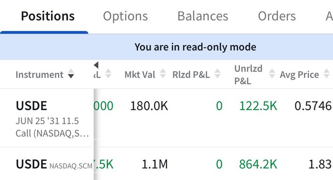 A screenshot of a trading platform's Positions tab in read-only mode, showing two USDE (NASDAQ:SCM) call options with unrealized P&L of $122.5K and $864.2K, supporting the post's claim of a seven-figure profitable trade.