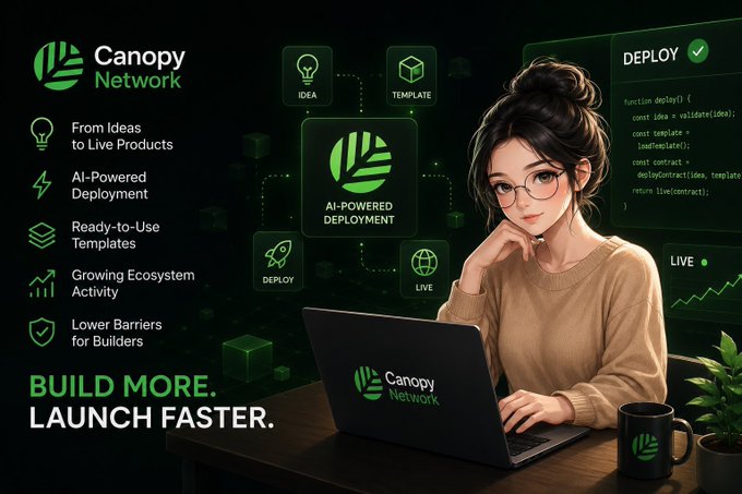 A young woman with glasses works on a laptop branded with the "Canopy Network" logo, surrounded by a dark green digital interface showing the workflow from "IDEA" to "TEMPLATE" to "DEPLOY" and "LIVE," with a code snippet visible and a "DEPLOY ✓" panel. The promotional graphic highlights "Canopy Network" with the tagline "BUILD MORE. LAUNCH FASTER." and lists features like "From Ideas to Live Products," "AI-Powered Deployment," and "Ready-to-Use Templates," reinforcing the post's message about the platform accelerating blockchain development.