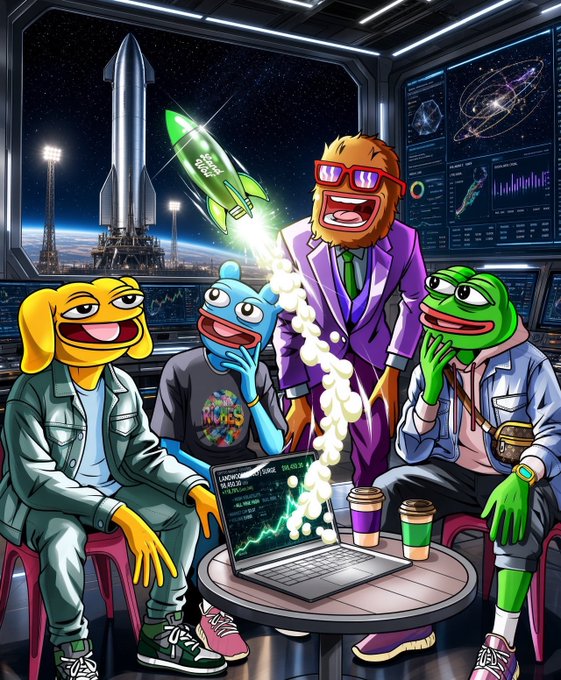 A digital illustration showing four cartoon characters (yellow, blue, a suited primate with sunglasses, and green frog) gathered around a laptop displaying a trading chart, with a rocket launching from a space launchpad visible through the window behind them.