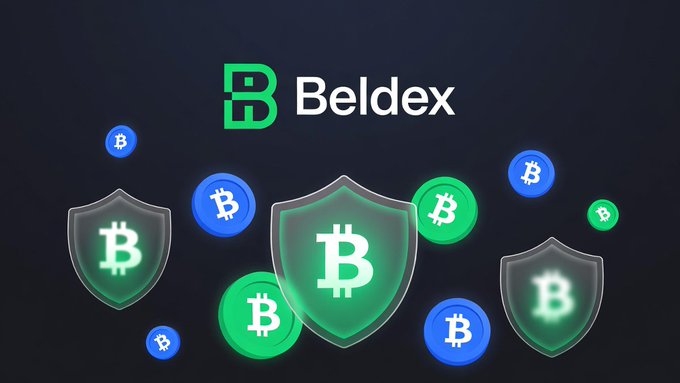 A graphic featuring the 'Beldex' logo with a green 'B' symbol, surrounded by floating Bitcoin logos and shield icons against a dark background.