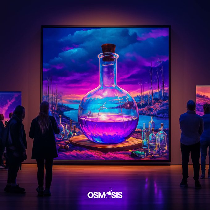 A neon-drenched art installation features a giant glowing flask filled with cosmic liquid as its centerpiece, with several viewers admiring the surreal scene bathed in purple and blue light. The "OSMOSIS" logo appears at the bottom, and the image perfectly captures the post's theme by blending artistic spectacle ("come for the swaps") with a scientific centerpiece ("stay for the science").