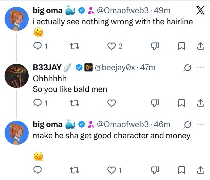 A screenshot of a Twitter thread shows user @Omaofweb3 saying "i actually see nothing wrong with the hairline," followed by @beejay0x replying "Ohhhhhh So you like bald men," with @Omaofweb3 concluding "make he sha get good character and money." The playful banter contrasts with the accompanying post's romantic declaration about marrying @Omaofweb3, jokingly suggesting this lighthearted exchange is part of the charm of the "rare gem" being praised.