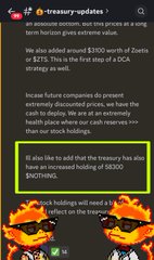 A mobile screenshot of a post by 'treasury-updates' featuring a fox in sunglasses meme and text announcing an expenditure of $5300 worth of ZKsync in the first step of a DCA strategy.