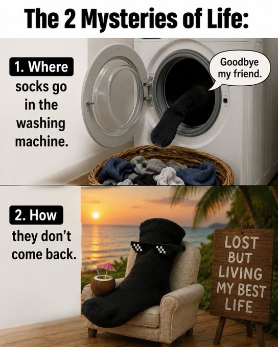 A meme titled 'The 2 Mysteries of Life' joking about where socks go in the washing machine, showing a sock saying 'Goodbye my friend' and another sock relaxing on a beach chair with a sign reading 'LOST BUT LIVING MY BEST LIFE'.