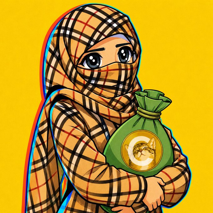 An anime-style illustration of a character wrapped in a beige plaid headscarf, holding a green money bag emblazoned with a golden 'C' and a cat's face, set against a bright yellow background.