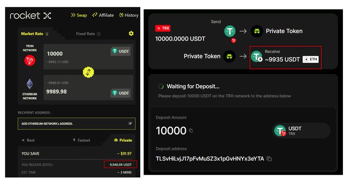 The image shows a screenshot of two web pages from different platforms, which are displaying information about a private token exchange. One platform provides details about a $10K privacy bridge that offers a 100% return within 10 days, while another platform offers a 50% discount on an exchange for $9,935. The comparison focuses on the accuracy and reliability of these exchanges in terms of returns and savings. This image can be used to help individuals understand the value of different platforms when it comes to investing or exchanging private tokens and evaluate which one provides better services based on their preferences and requirements.