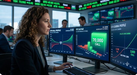 A woman with curly hair sits at a desk analyzing financial data on multiple monitors displaying ETD CALL Profile and BTC charts with 70,000 CALL figures.