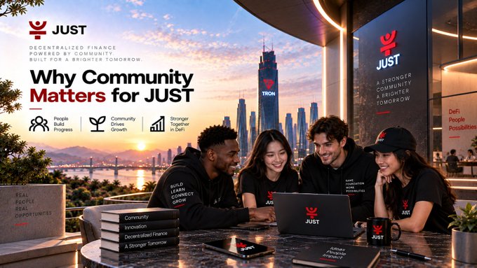 A promotional graphic for "JUST" cryptocurrency featuring the slogan "Why Community Matters for JUST," with an image of four people gathered around a laptop in front of a city skyline, highlighting decentralized finance values.