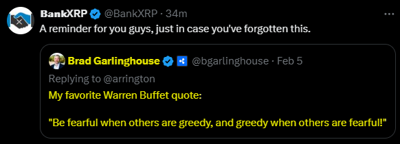 The image features a screenshot of a social media post with two Twitter usernames visible at the top, one being @BankXRP and the other being @bgarlinghouse. The focus of the post is "be fearful when others are greedy." This message seems to be related to the ongoing conversation about Warren Buffett's quote regarding being charitable when others are not charitable. Additionally, there is a person's name at the bottom of the image with the text "#beaf fearful when others are greedy," possibly an inside joke or reference to another discussion.