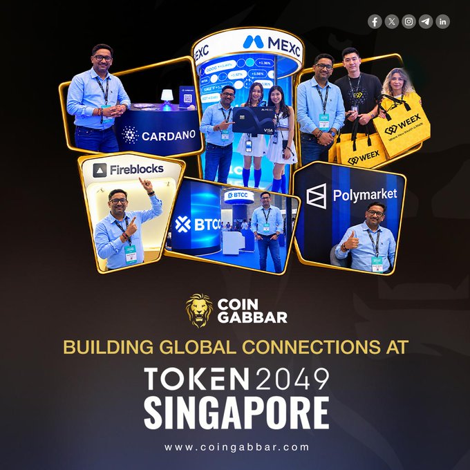 A promotional collage for Coin Gabbar's coverage at 'TOKEN2049 SINGAPORE', featuring photos of representatives at various crypto company stands including MEXC, Cardano, WEEX, Fireblocks, BTCC, and Polymarket.