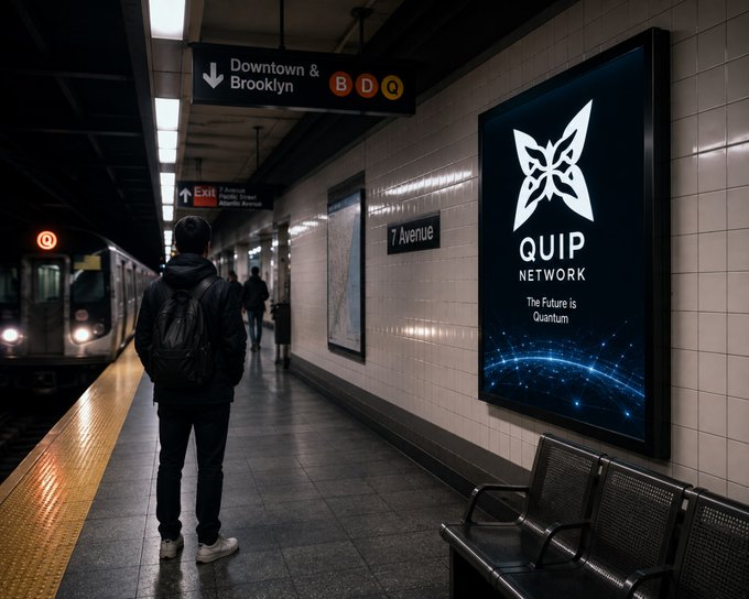 A subway platform scene with a man wearing a backpack looking down the tracks, signs indicating "Downtown & Brooklyn" and "7 Avenue," and a large illuminated advertisement reading "QUIP NETWORK - The Future is Quantum."