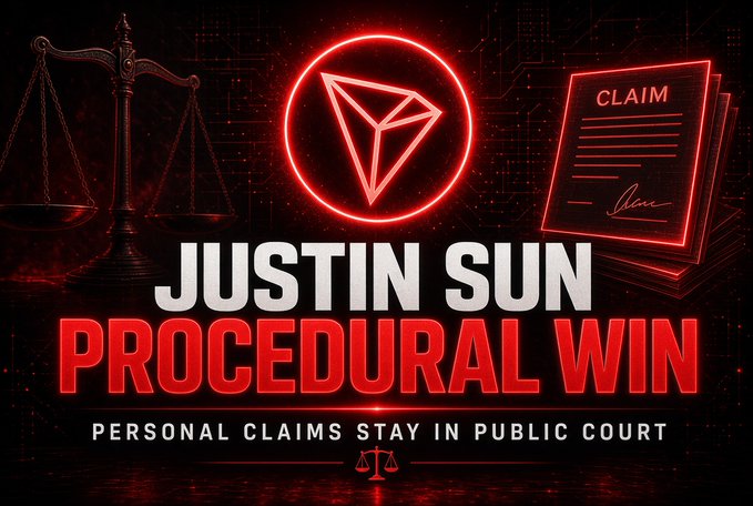 A red neon-lit graphic announces "JUSTIN SUN PROCEDURAL WIN" with the subtitle "PERSONAL CLAIMS STAY IN PUBLIC COURT," flanked by imagery of a balance scale, a document marked "CLAIM," and the Tron (TRX) diamond logo, visually reinforcing the headline about Justin Sun's partial legal victory against World Liberty Financial ($WLFI) where his personal claims will remain in public court proceedings.