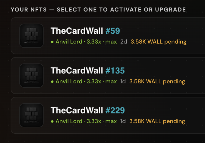 A crypto wallet interface displays three "TheCardWall" NFTs (#59, #135, and #229), each labeled as "Anvil Lord" tier with a 3.33x max multiplier and 3.58K WALL pending, illustrating the user's first exposure to tokenized trading card collectibles (TCGs) through blockchain-based slabs.
