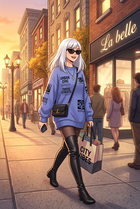 A stylish white-haired anime character wearing an "Urban Chic Tokyo Streets" sweater and thigh-high boots struts down a city street with a "City Vibes" shopping bag, passing a boutique labeled "La belle." The fashionable, on-trend aesthetic captures the upbeat, cosmopolitan energy of a good morning greeting.