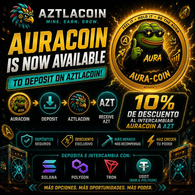 Crypto promotional graphic for AZTLACOIN announcing that AURACOIN is now available to deposit, featuring Pepe the Frog mascot, a 10% discount offer for exchanging AURACOIN to AZT, and supported networks including Solana, Polygon, and Tron.
