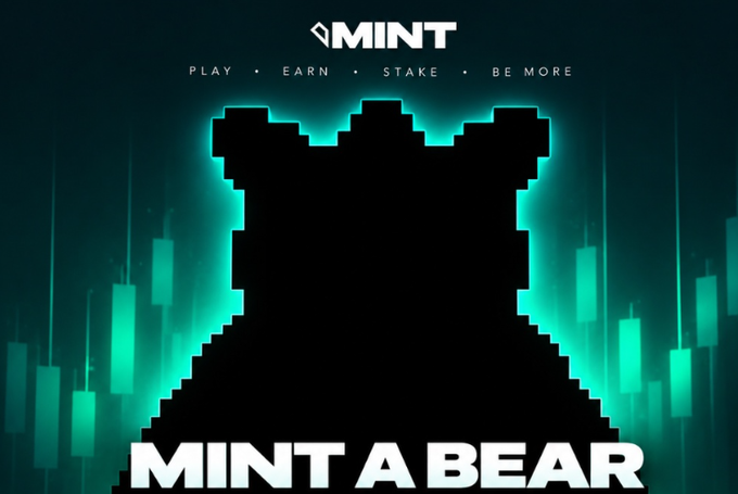 A MINT promotional graphic with the tagline 'PLAY • EARN • STAKE • BE MORE' and a call-to-action 'MINT A BEAR' showing a pixelated bear silhouette against a green candlestick chart background.