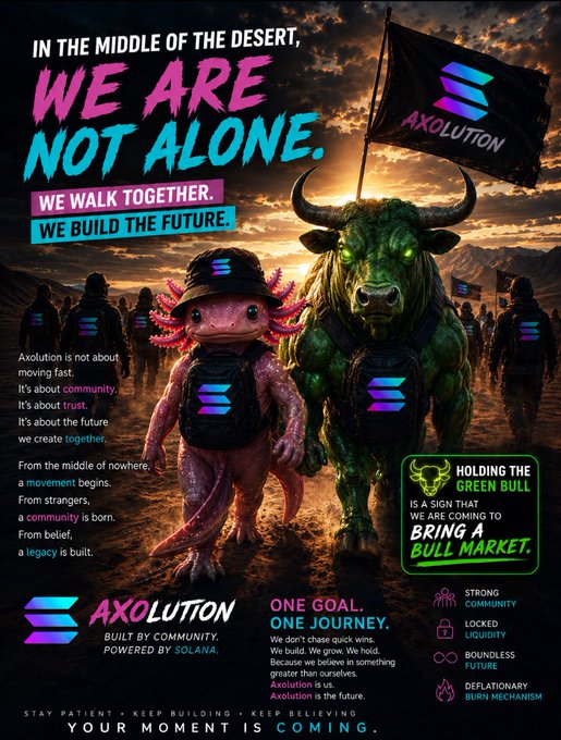 The image features a poster with two cartoon bulls, one green and one pink, standing side by side against a sunset background. The text on the poster reads "In the middle of the desert. We are not alone. We walk together. We build the future. We don't wait for the bull market. We bring it." This message is related to the post about Solana cryptocurrency and its community, as they are described as a group that brings their own ideas forward in order to create something new. The poster serves as an advertisement for the cryptocurrency, encouraging people to join the movement and contribute to the future of crypto communities.