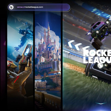 A side-by-side comparison of two Disney-themed metaverse UI versions, with the May 24 version on the left featuring a blue dragon and castle backdrop, and the September 20 version on the right showing Rocket League gameplay branding, highlighting the evolution of the UI over time. The search bar displays "verse://rocketleagueux.com" above the visuals.