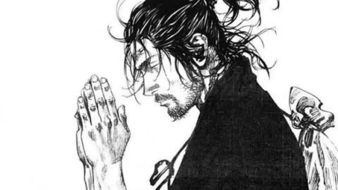 A black and white manga-style illustration of a man with long dark hair tied back, eyes closed, and hands pressed together in a prayer position, showing scars on his hands and face.