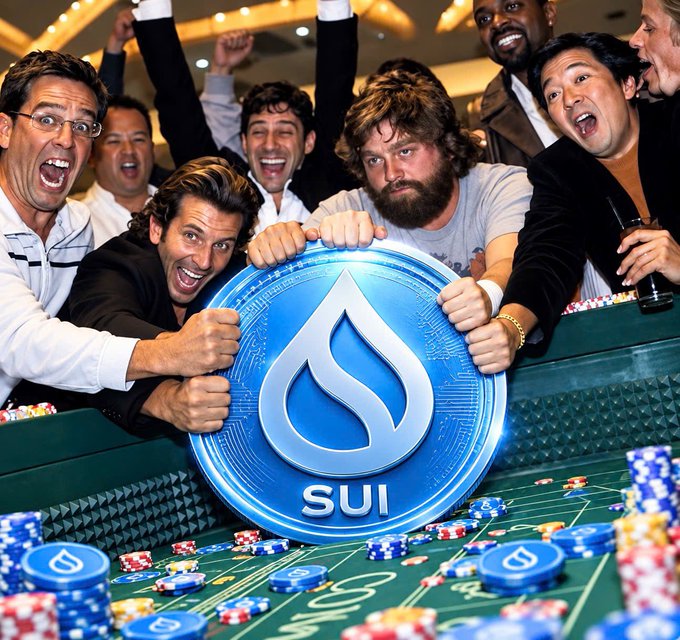 An AI-generated image showing excited men gathered around a glowing blue SUI cryptocurrency coin on a casino table with poker chips and dice.