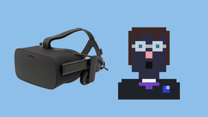 A black Meta/Oculus VR headset sits next to a pixelated character illustration of a man with glasses, a beard, and a purple tie on a light blue background.