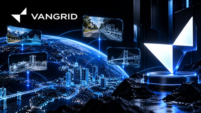 A futuristic digital graphic for 'VANGRID' featuring a glowing blue Earth surrounded by holographic windows showing cities, mountains, and bridges, with the Vangrid logo prominently displayed.