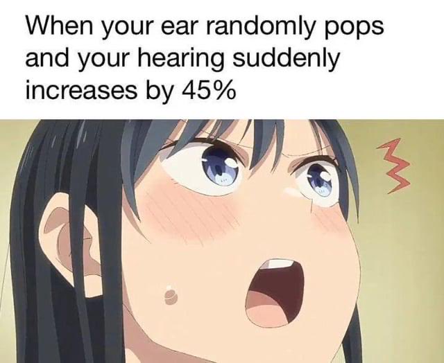 An anime-style meme showing a shocked black-haired girl with wide eyes and an open mouth, accompanied by the caption "When your ear randomly pops and your hearing suddenly increases by 45%."