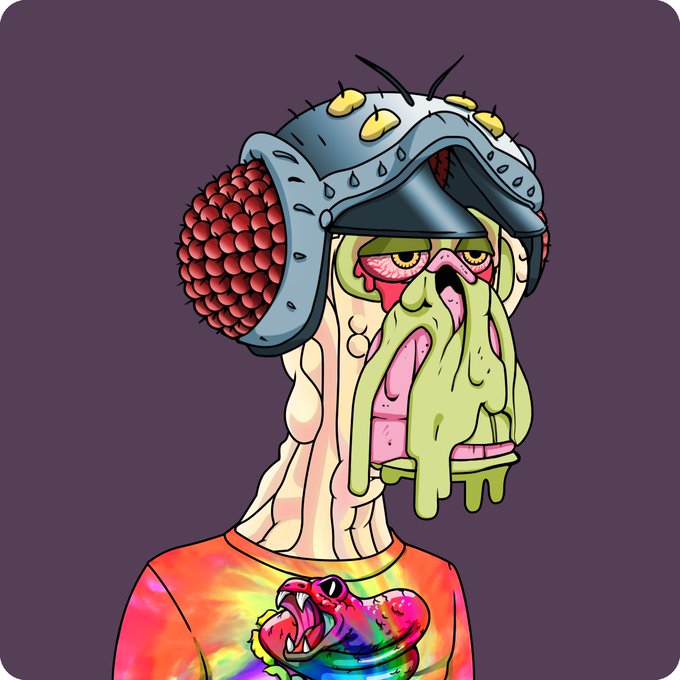 A grotesque cartoon mutant character with a fly-like helmet featuring red compound eyes, a melting face with drooping green slime, and a tie-dye shirt with a toothy creature graphic. The image represents a Mutant NFT (#13362) from the "Return to Monke" collection, purchased for 1.24 WETH.
