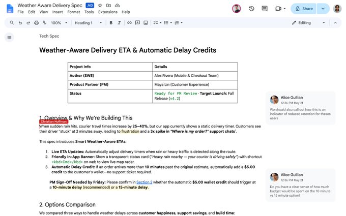 A Google Docs page titled 'Weather-Aware Delivery Spec' outlines project info including 'Author: Alex Rivera', 'Product Partner: Maya Lin', and sections on Smart Weather-Aware ETAs.
