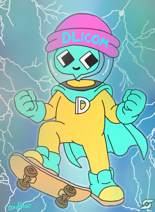 The image features a cartoon character, possibly an alien or a robot, wearing a hat with "dlicon" written on it while riding a skateboard. The background of the image shows blue skies with white clouds and lightning bolts, creating a stormy atmosphere. The caption at the bottom of the image reads: "clear roadmap. consistent execution. dlicom is building the future of SocialFi. are you in?"