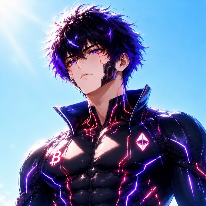 Anime-style illustration of a purple-haired character wearing black futuristic armor with glowing pink and purple energy lines.